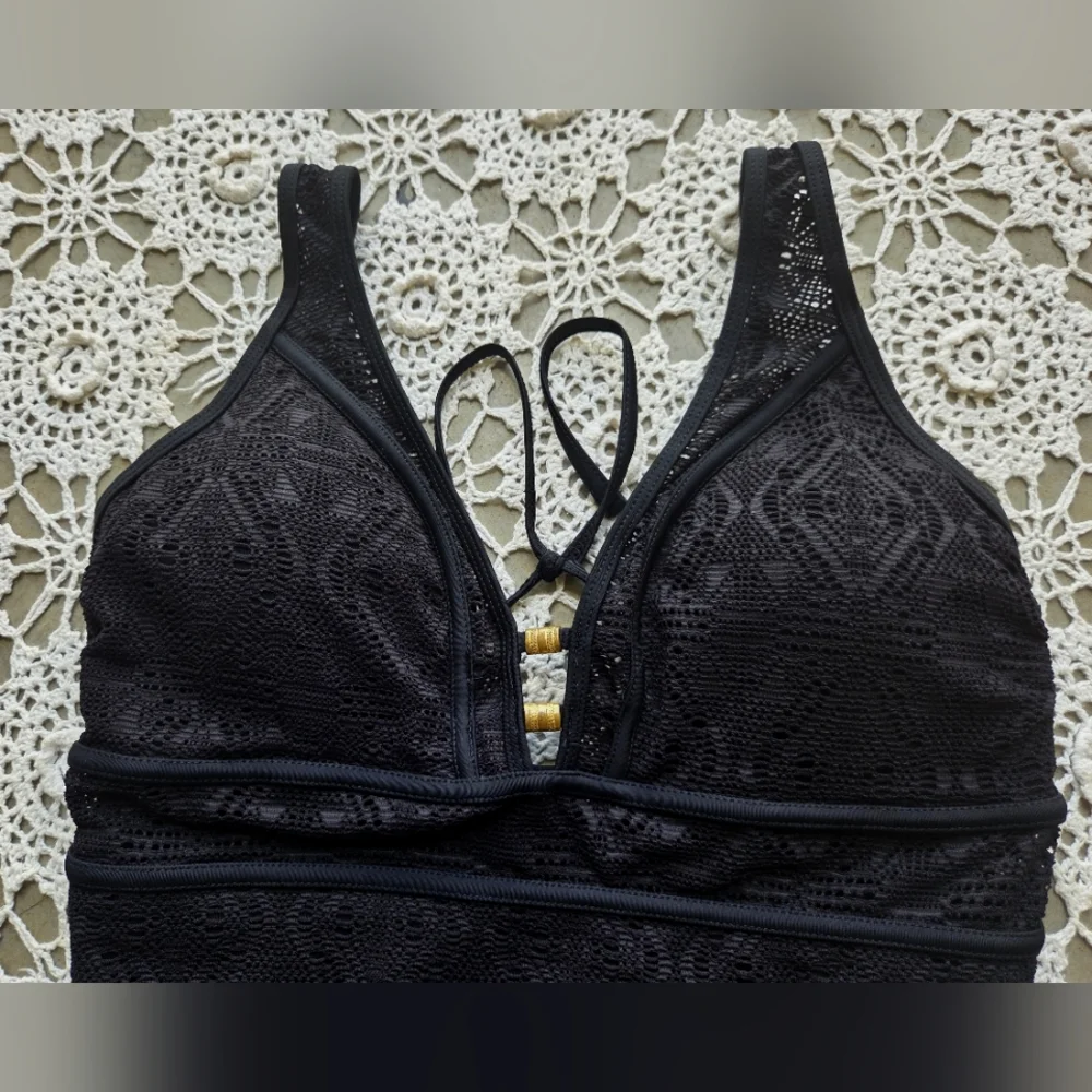 Black Lace With Gold Details One Piece Bathing Swimsuit | Summer